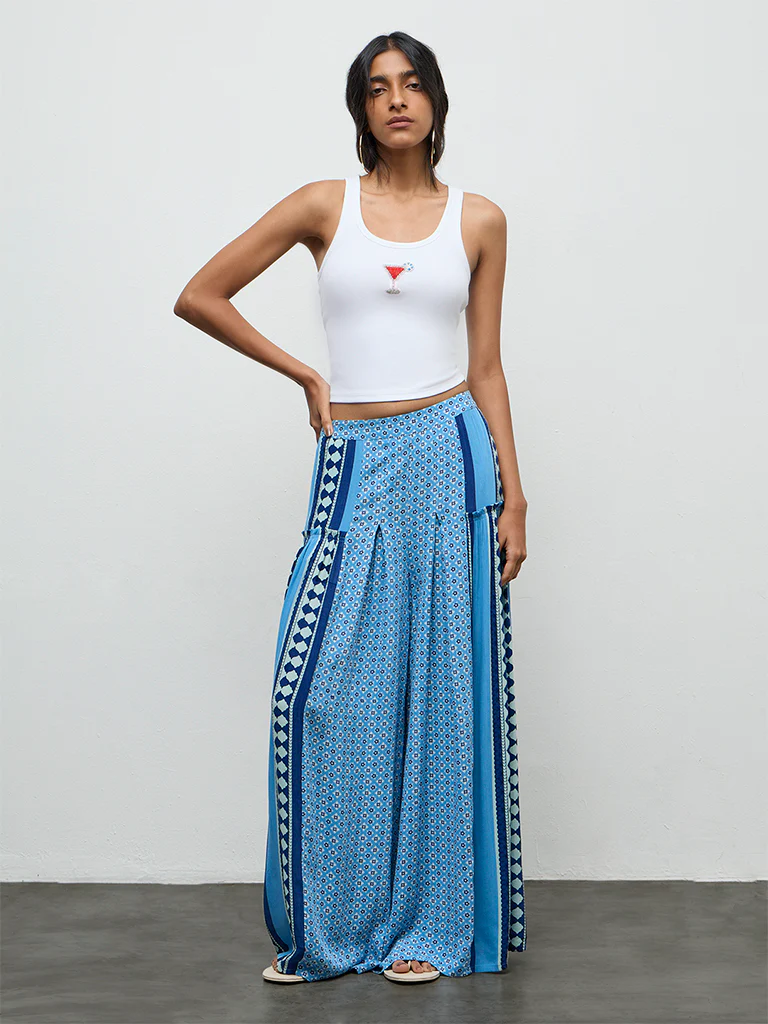 Bombay Paisley Blue Printed High-Rise Cotton-Blend Pants - Image 2