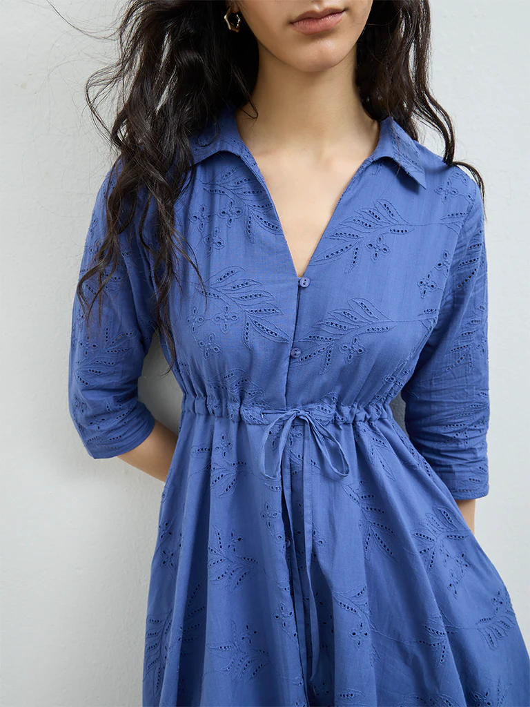 Bombay Paisley Blue Schiffli Embroidered A-Line Dress - Image 3