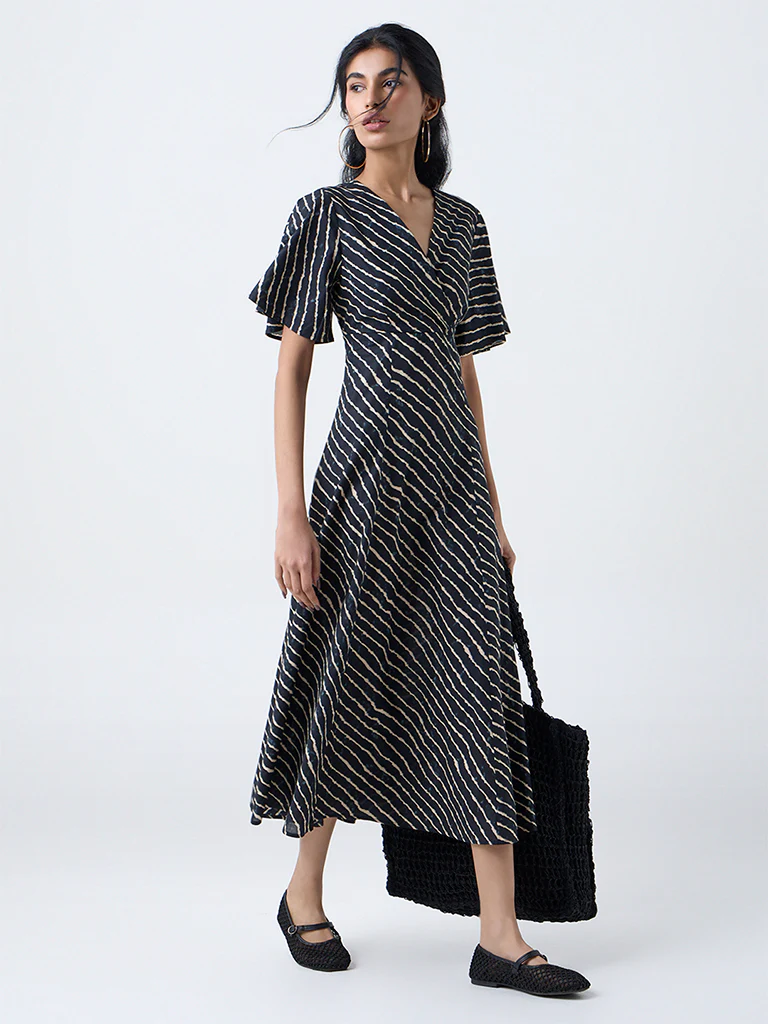 Bombay Paisley Blue Striped Cotton A-Line Dress - Image 2