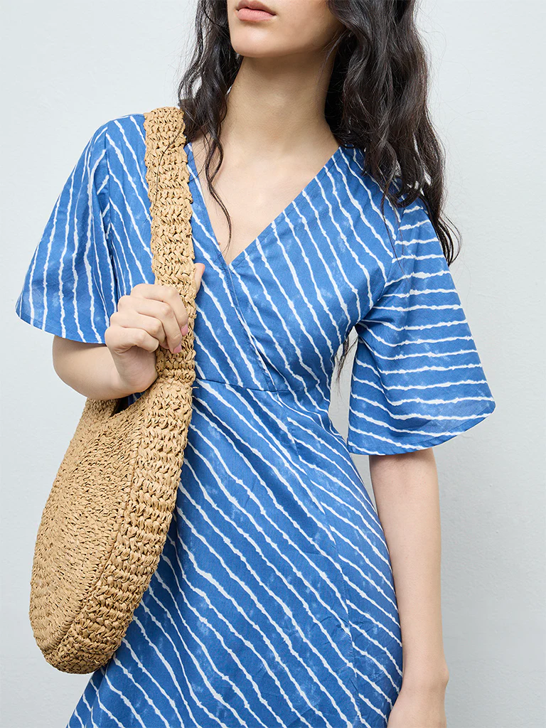 Bombay Paisley Blue Striped Cotton A-Line Dress - Image 3