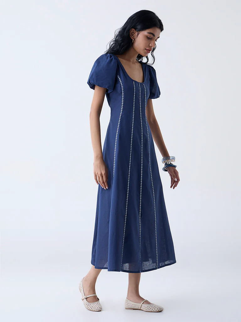 Bombay Paisley Blue Striped Cotton-Blend A-Line Dress - Image 2