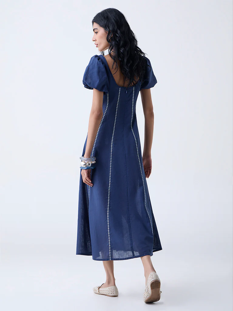 Bombay Paisley Blue Striped Cotton-Blend A-Line Dress - Image 4