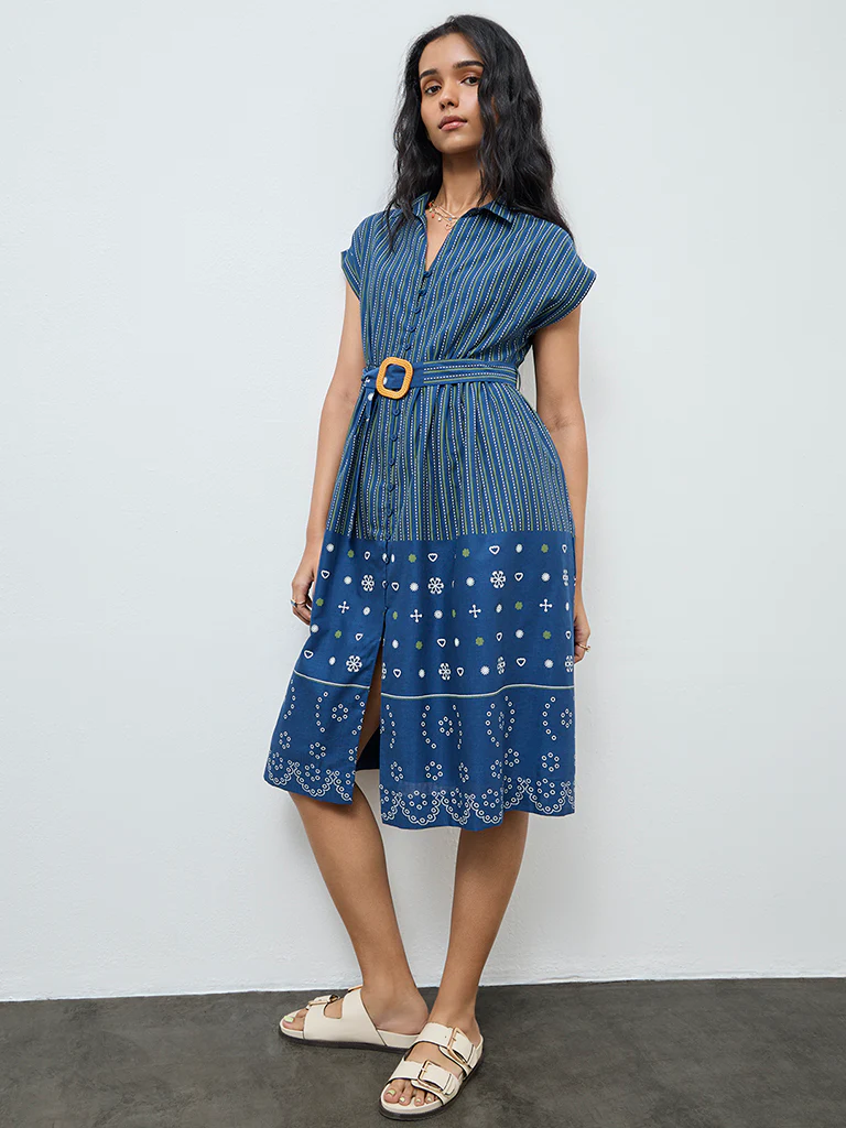 Bombay Paisley Blue Striped Cotton Shirt Dress with Belt - Image 2