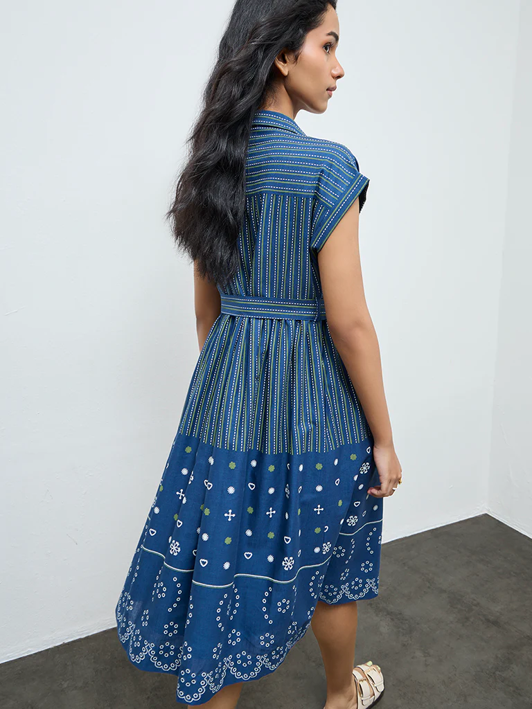 Bombay Paisley Blue Striped Cotton Shirt Dress with Belt - Image 4