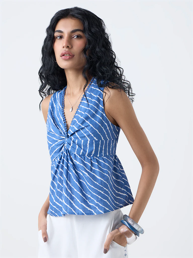 Bombay Paisley Blue Striped Ruched Cotton Top - Image 2