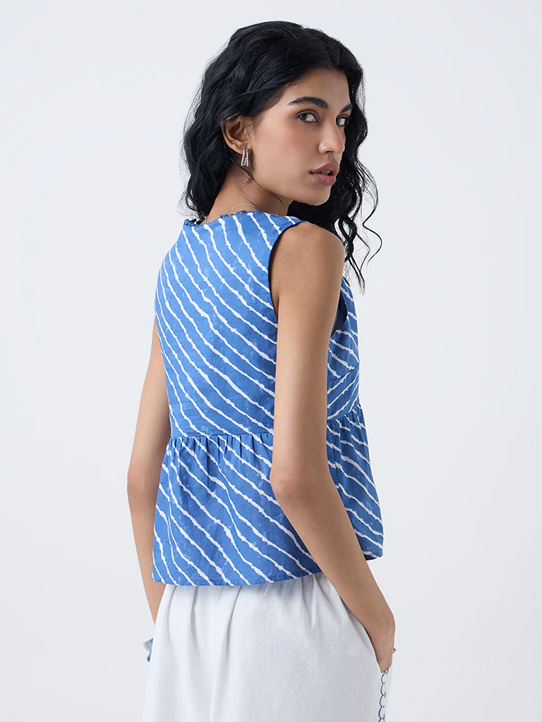 Bombay Paisley Blue Striped Ruched Cotton Top - Image 4