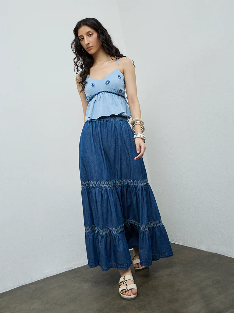 Bombay Paisley Blue Tiered Denim Skirt