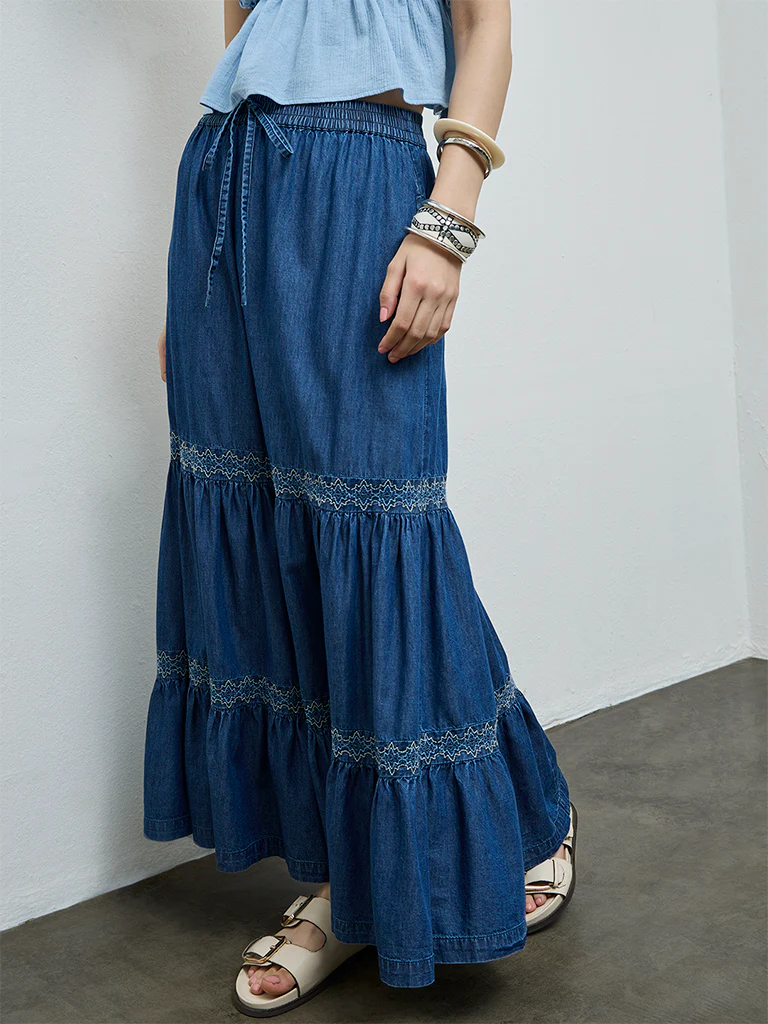 Bombay Paisley Blue Tiered Denim Skirt - Image 2