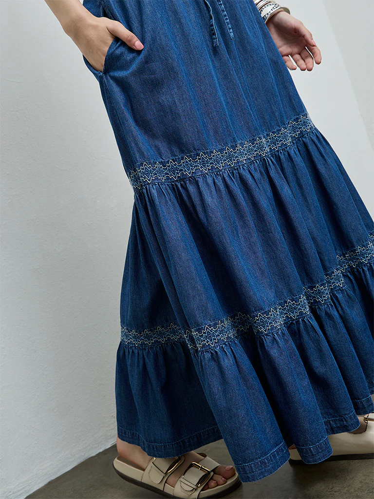 Bombay Paisley Blue Tiered Denim Skirt - Image 3