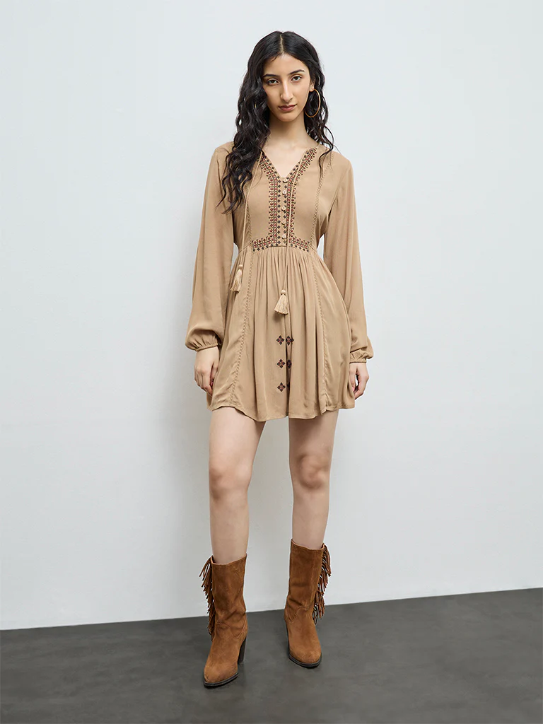 Bombay Paisley Brown Embroidered A-Line Dress - Image 2