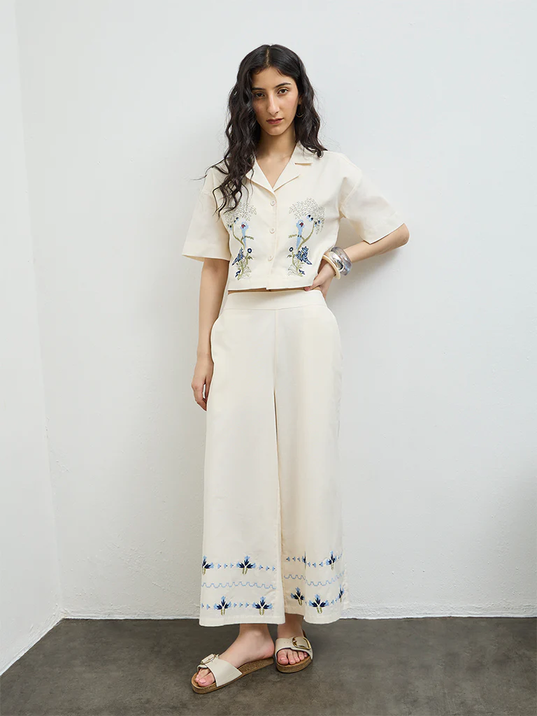Bombay Paisley Cream Floral Embroidered Cotton-Blend Pants