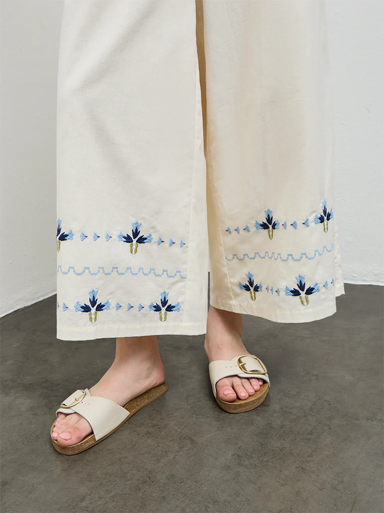 Bombay Paisley Cream Floral Embroidered Cotton-Blend Pants - Image 3