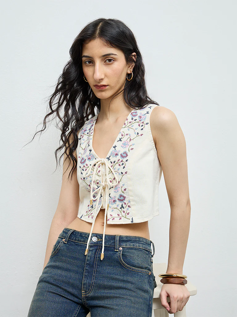 Bombay Paisley Cream Floral Embroidered Cotton-Blend Top - Image 2