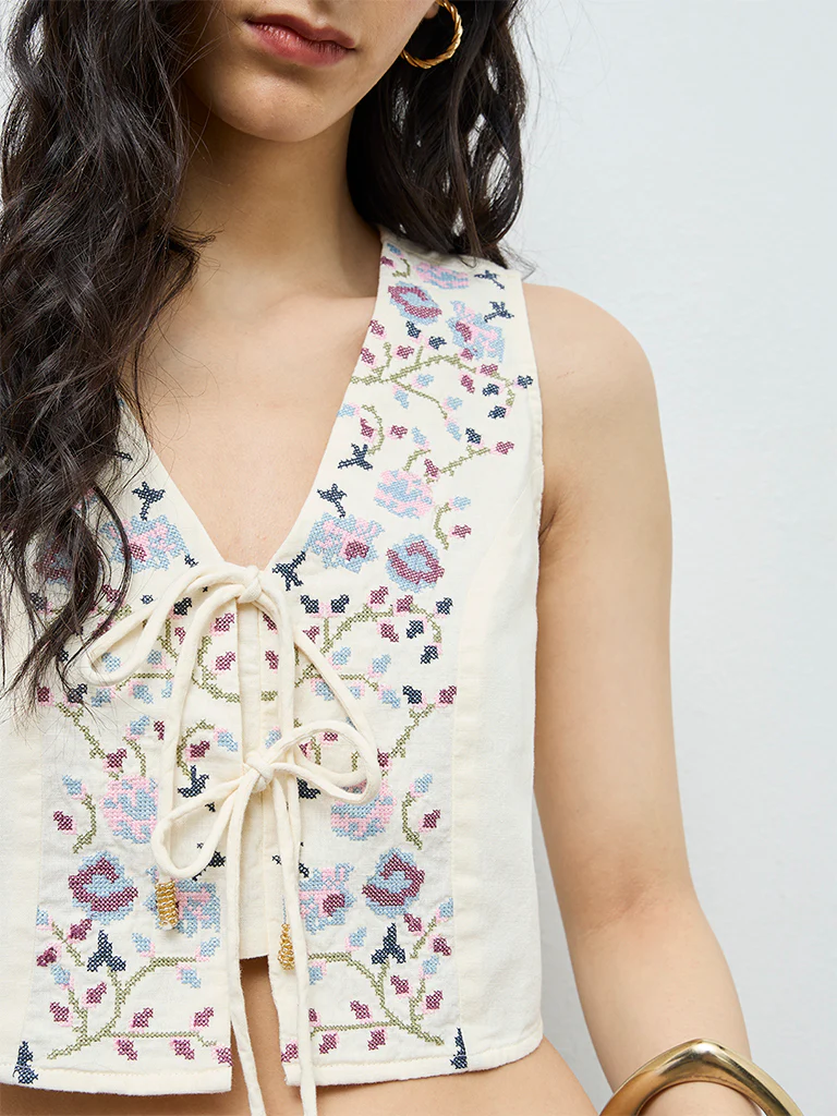 Bombay Paisley Cream Floral Embroidered Cotton-Blend Top - Image 3