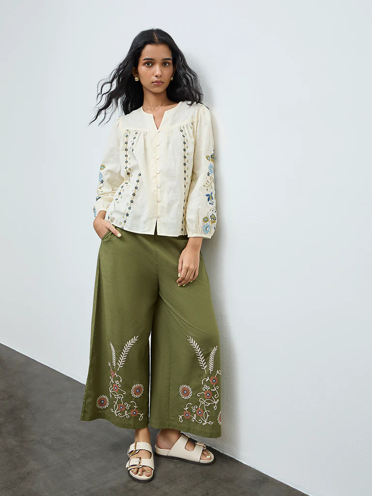 Bombay Paisley Cream Floral Embroidered Cotton Blouse - Image 2