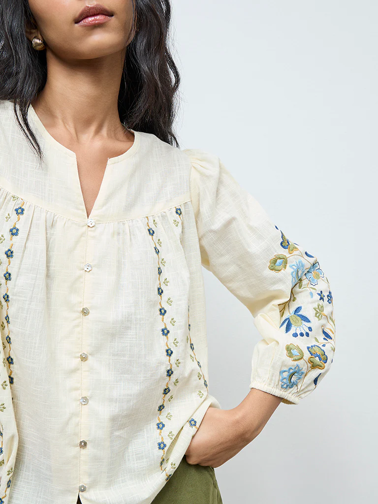 Bombay Paisley Cream Floral Embroidered Cotton Blouse - Image 3