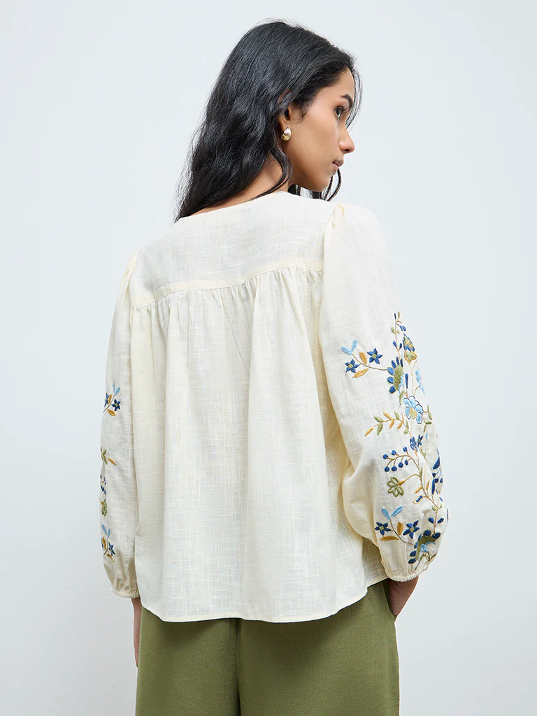 Bombay Paisley Cream Floral Embroidered Cotton Blouse - Image 4