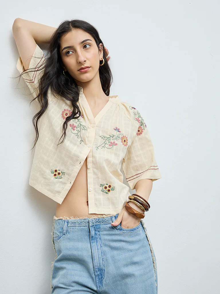 Bombay Paisley Cream Floral Embroidered Cotton Top
