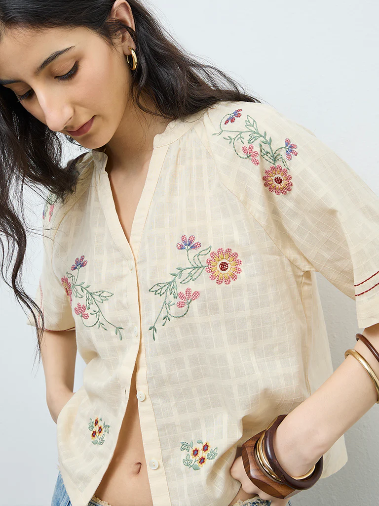 Bombay Paisley Cream Floral Embroidered Cotton Top - Image 3