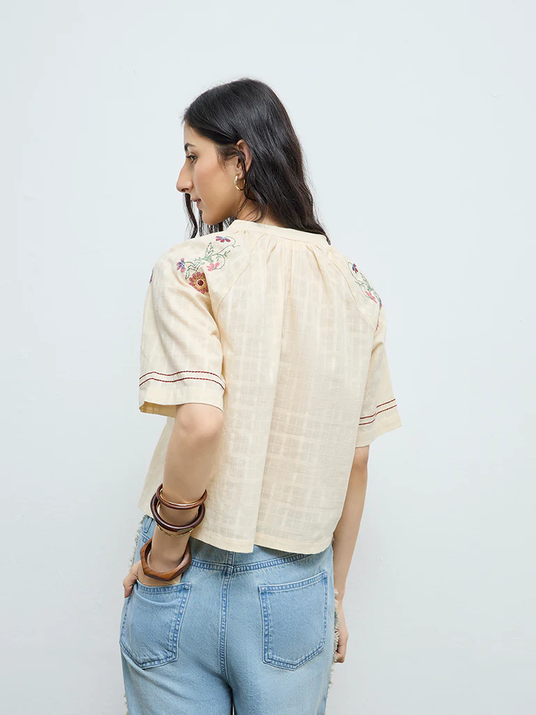 Bombay Paisley Cream Floral Embroidered Cotton Top - Image 4