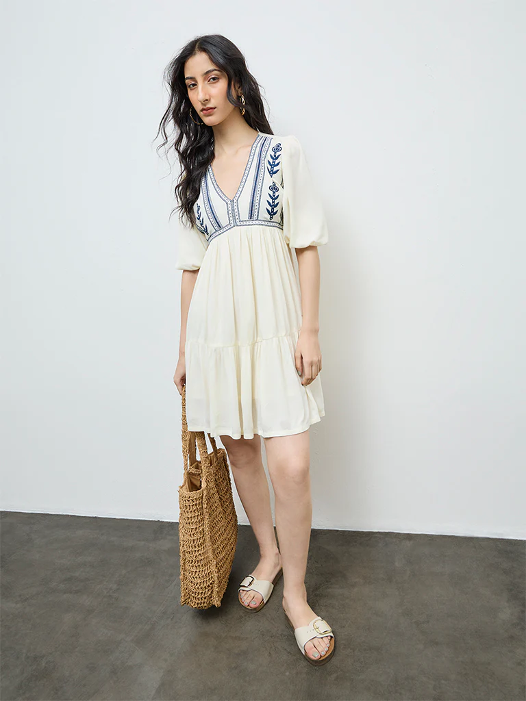 Bombay Paisley Cream Floral Embroidered Tiered Dress