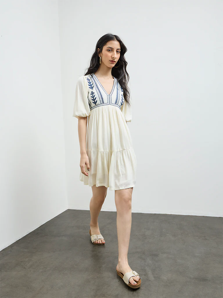 Bombay Paisley Cream Floral Embroidered Tiered Dress - Image 2
