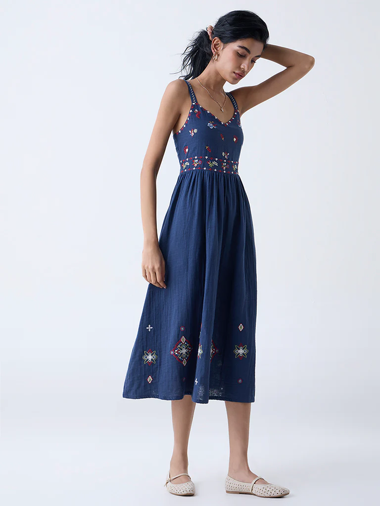 Bombay Paisley Dark Blue Embroidered Cotton A-Line Dress - Image 2