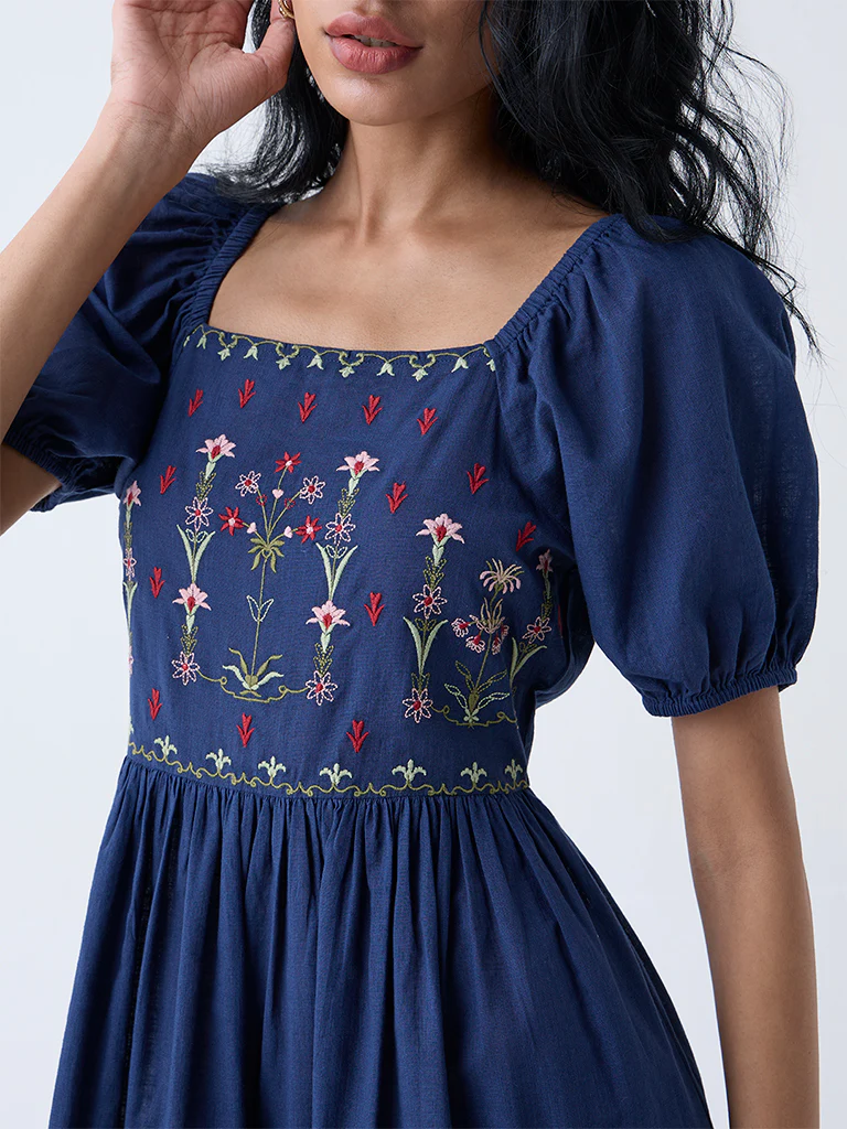 Bombay Paisley Dark Blue Embroidered Cotton Tiered Dress - Image 3