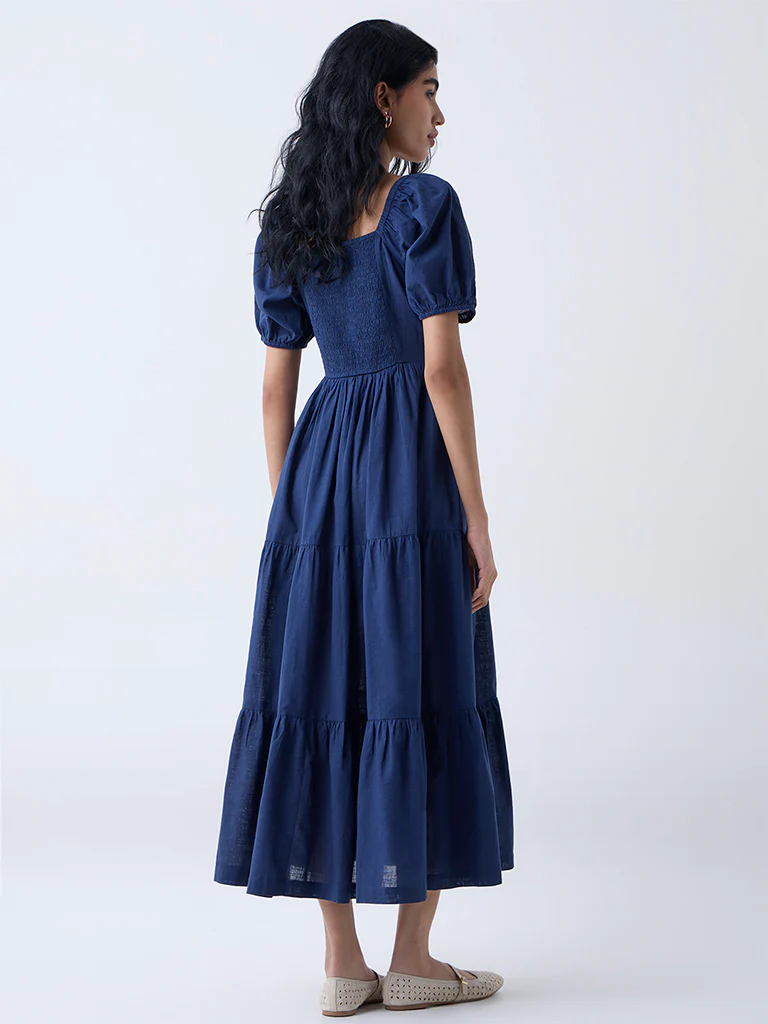 Bombay Paisley Dark Blue Embroidered Cotton Tiered Dress - Image 4