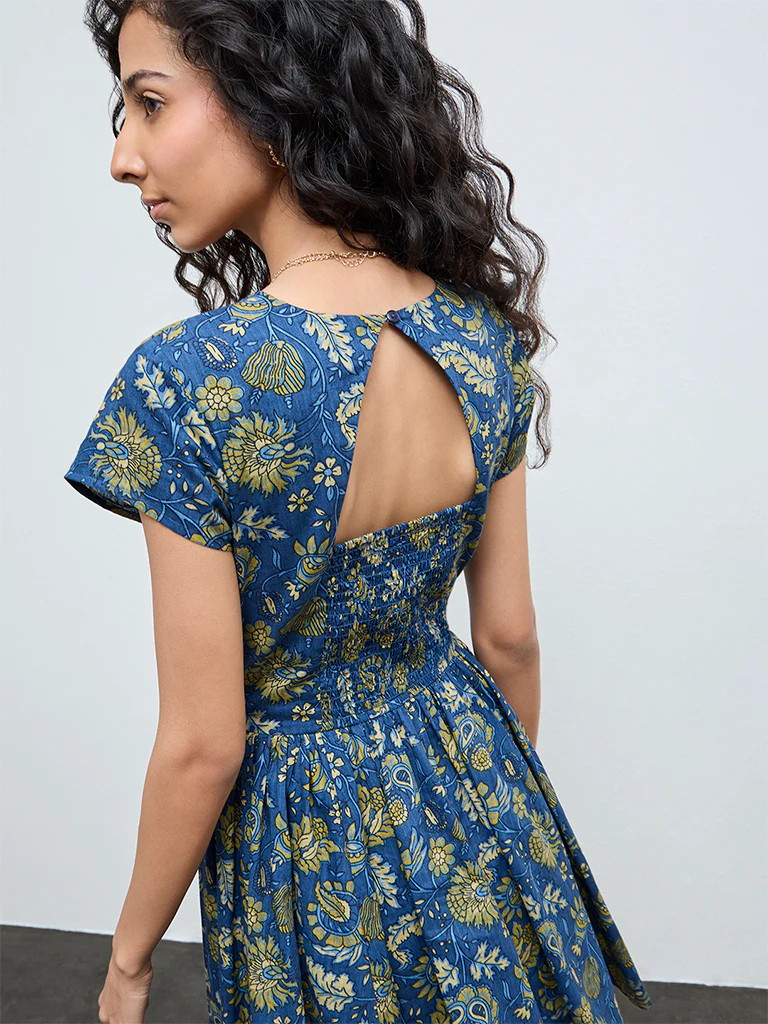Bombay Paisley Dark Blue Floral Cotton A-Line Dress - Image 3