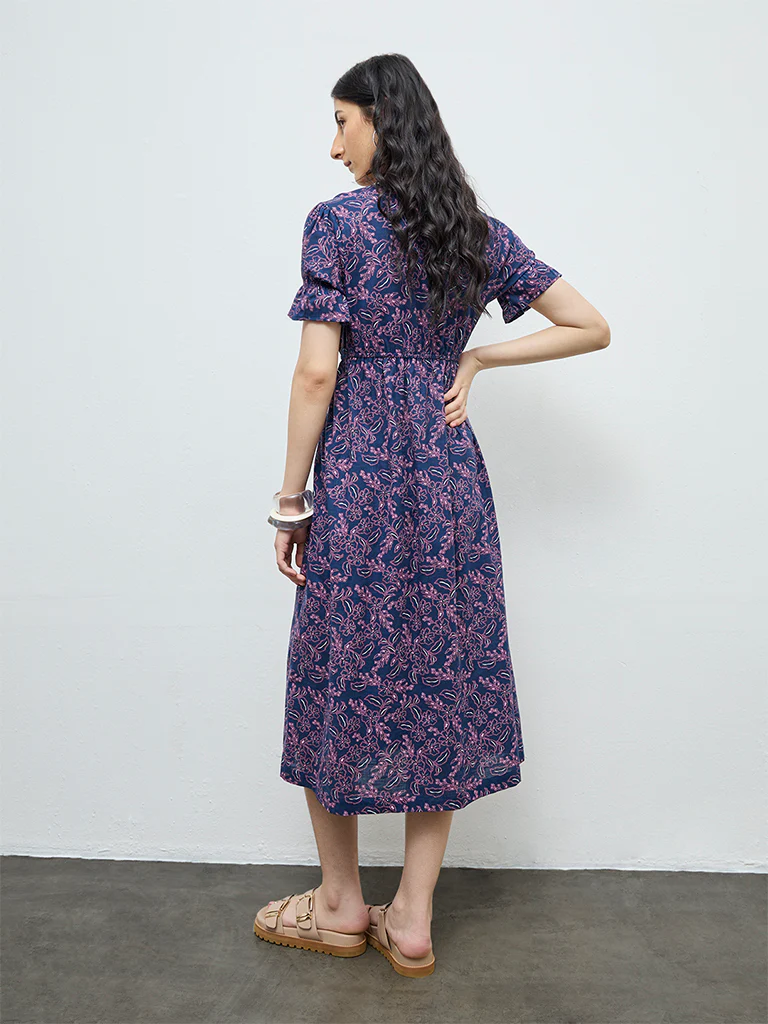 Bombay Paisley Dark Blue Floral Design Cotton A-Line Dress - Image 4