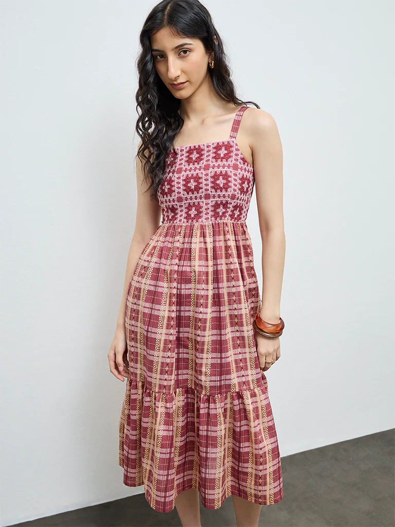 Bombay Paisley Dusty Pink Embroidered Cotton Tiered Dress - Image 2