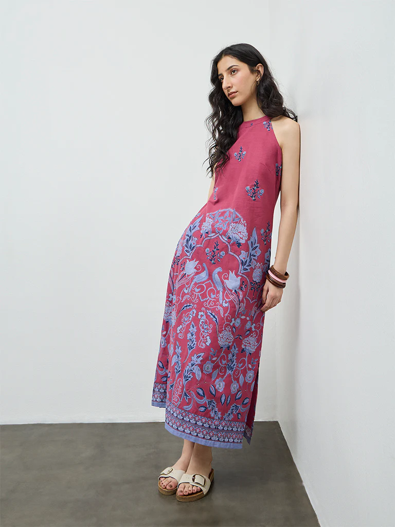 Bombay Paisley Dusty Rose Floral Printed Cotton A-Line Dress - Image 2
