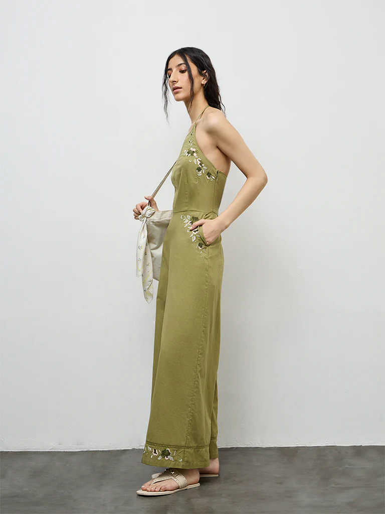 Bombay Paisley Green Embroidered Cotton-Blend Jumpsuit - Image 2