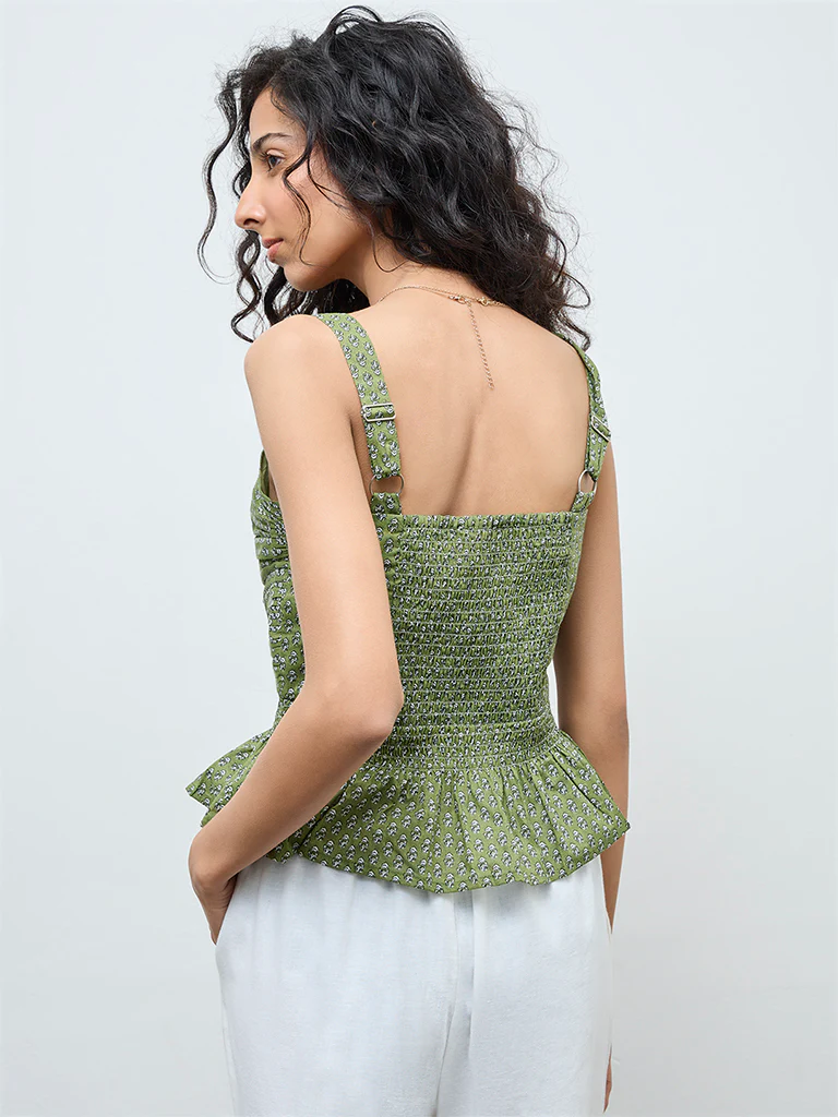 Bombay Paisley Green Floral Cotton Peplum Top - Image 4