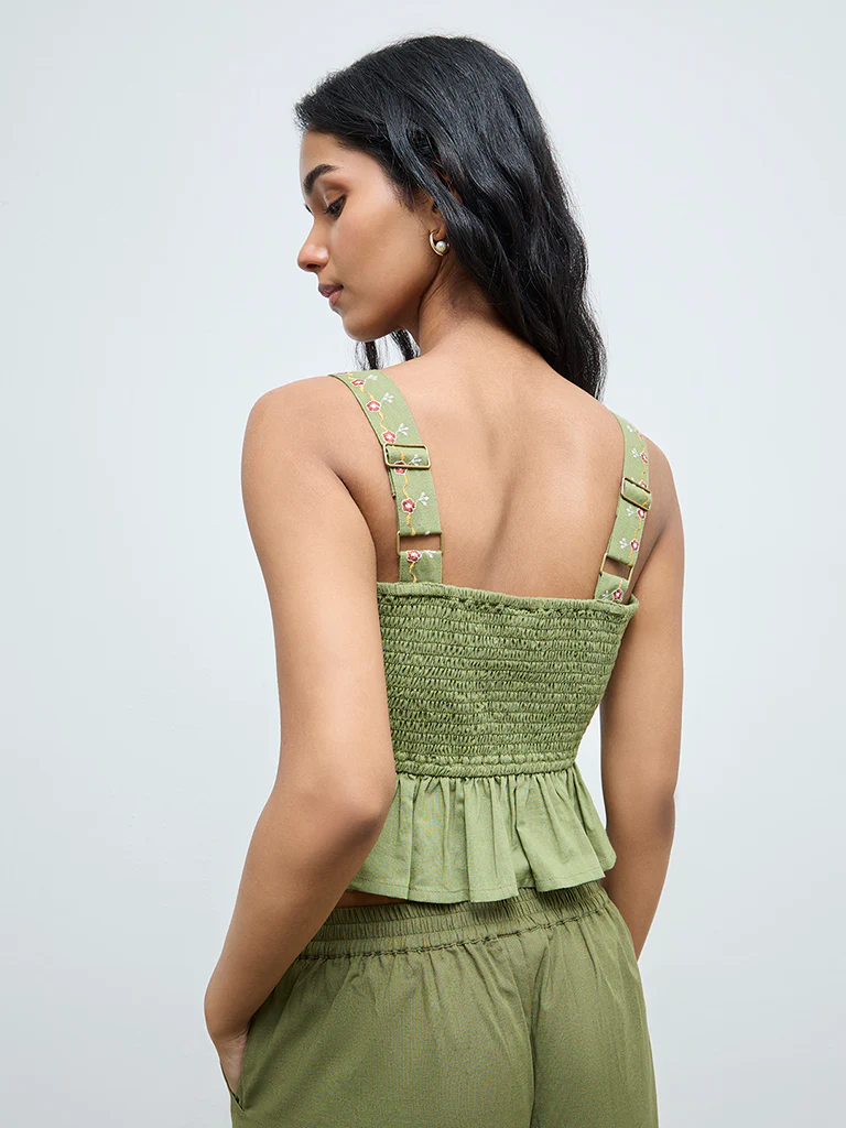 Bombay Paisley Green Floral Embroidered Cotton Top - Image 4