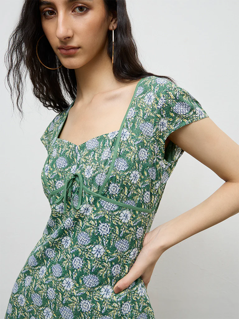 Bombay Paisley Green Floral Pattern Cotton A-Line Dress - Image 3
