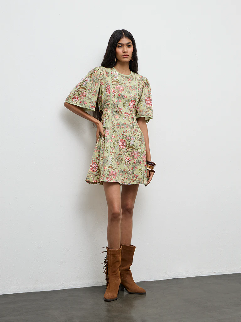 Bombay Paisley Green Floral Printed A-Line Cotton-Blend Dress
