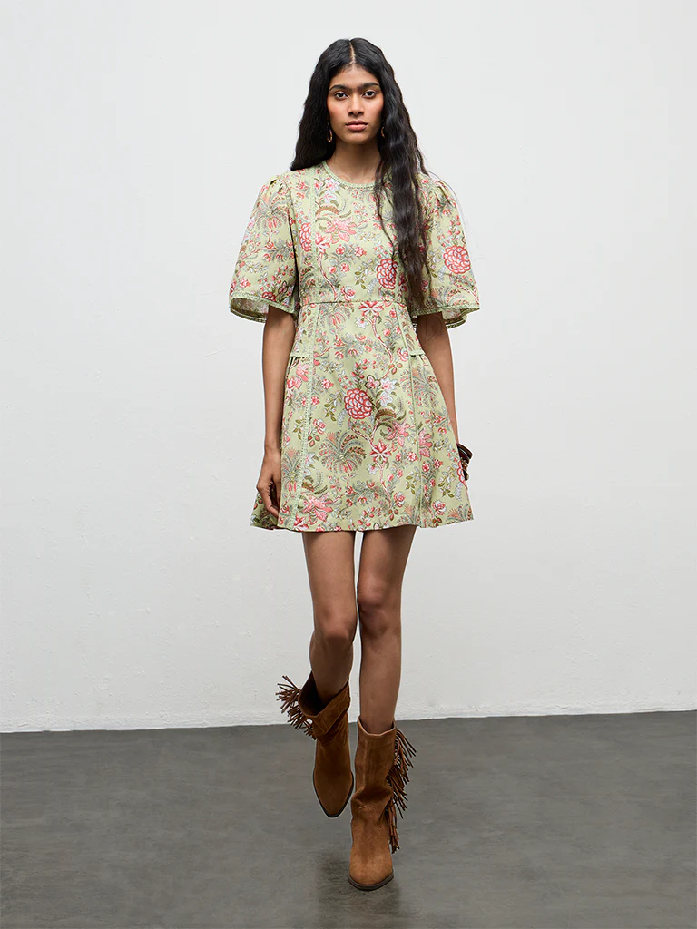 Bombay Paisley Green Floral Printed A-Line Cotton-Blend Dress - Image 2