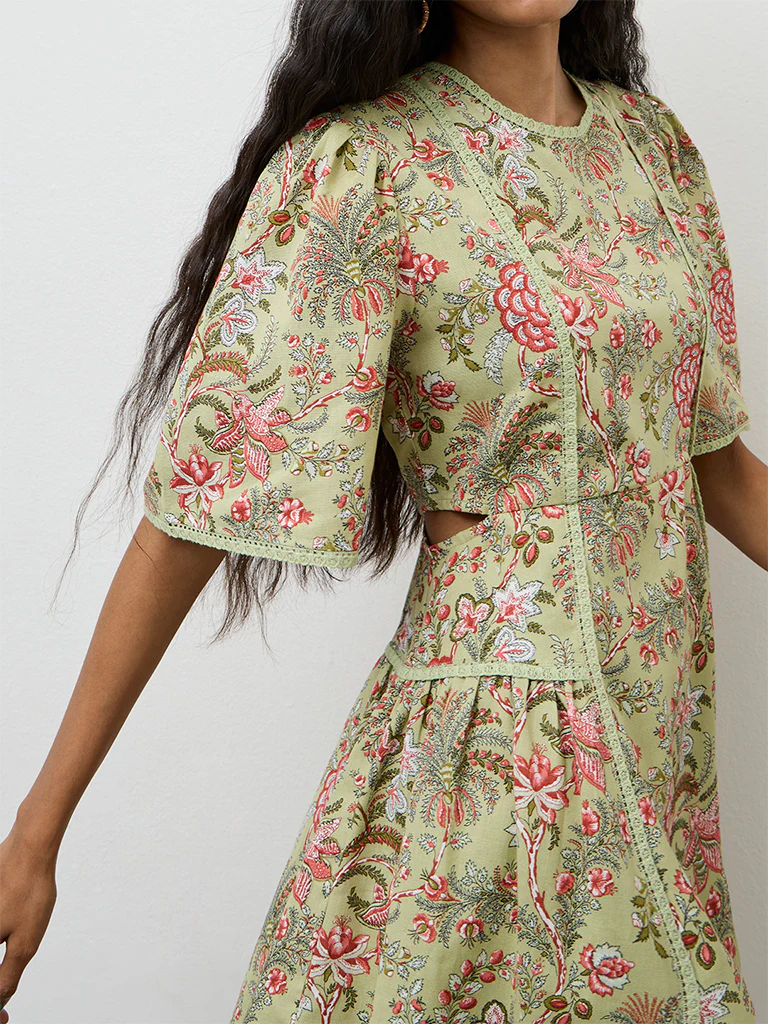Bombay Paisley Green Floral Printed A-Line Cotton-Blend Dress - Image 3