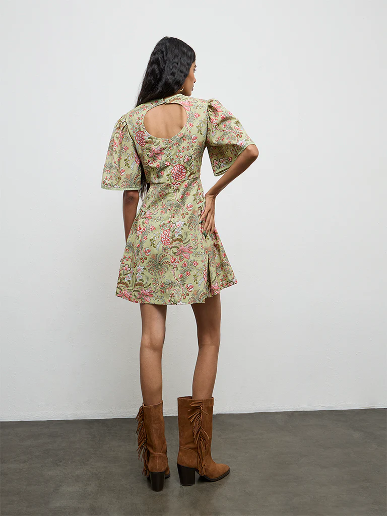 Bombay Paisley Green Floral Printed A-Line Cotton-Blend Dress - Image 4
