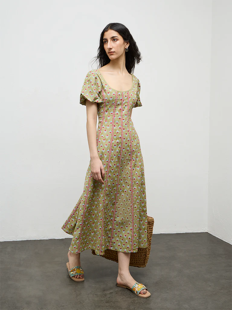 Bombay Paisley Green Printed A-Line Cotton-Blend Dress - Image 2