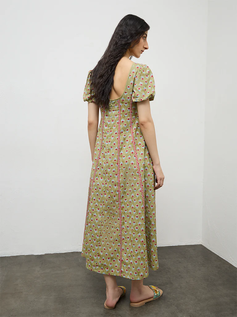 Bombay Paisley Green Printed A-Line Cotton-Blend Dress - Image 4
