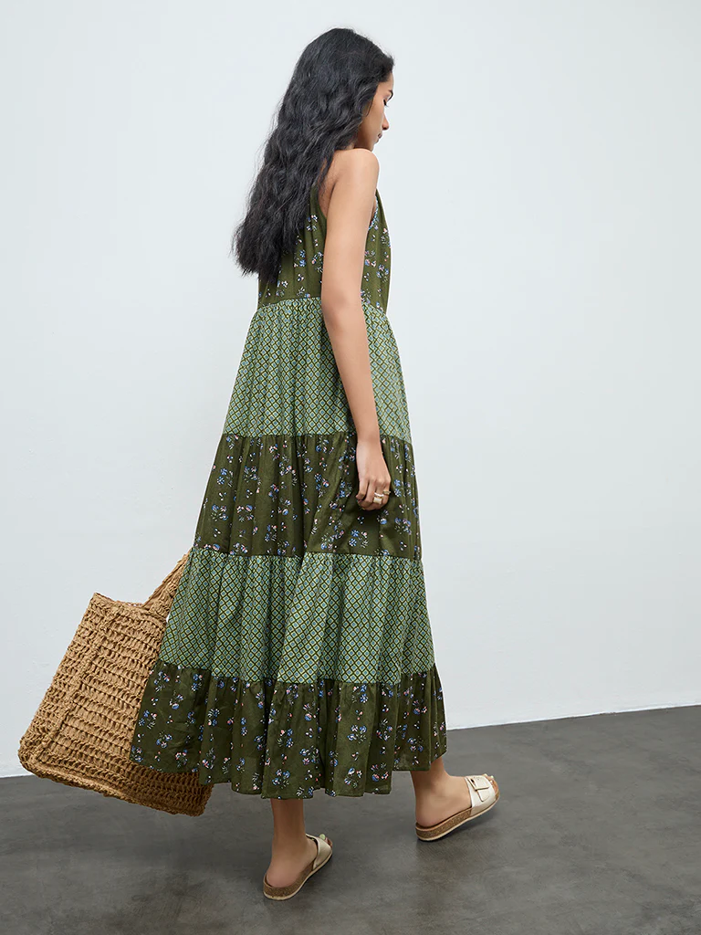 Bombay Paisley Green Printed Cotton Tiered Dress - Image 4