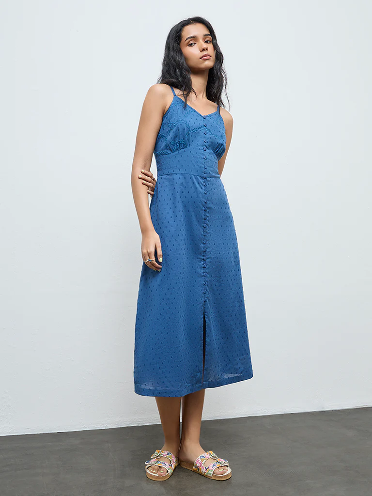 Bombay Paisley Indigo Embroidered Cotton A-Line Dress - Image 2