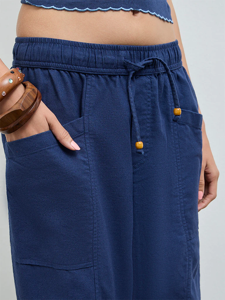 Bombay Paisley Indigo Solid Cotton-Blend Pants - Image 3