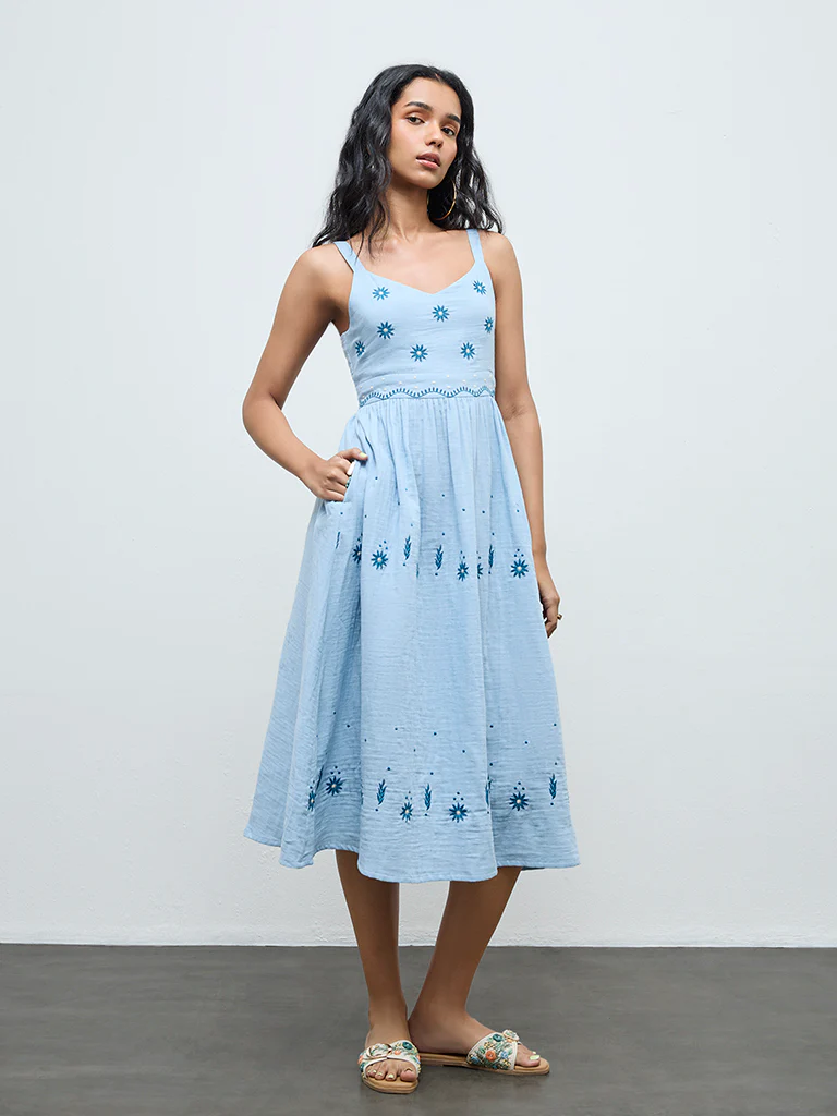 Bombay Paisley Light Blue Embroidered Cotton A-Line Dress - Image 2