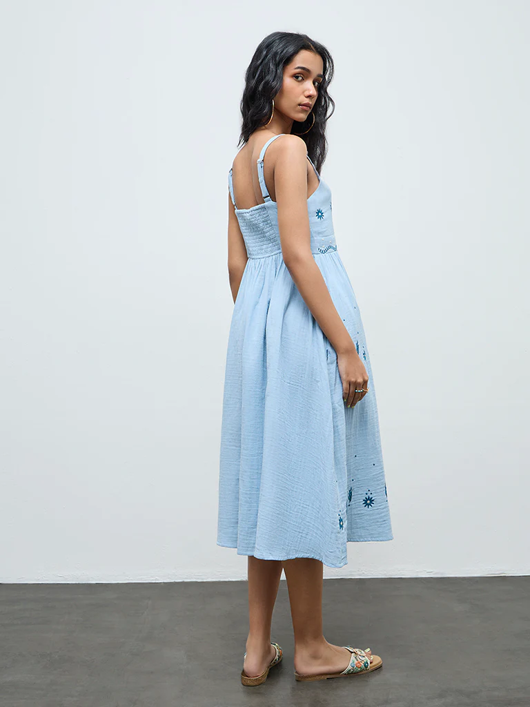Bombay Paisley Light Blue Embroidered Cotton A-Line Dress - Image 4