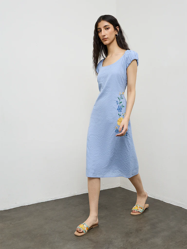 Bombay Paisley Light Blue Embroidered Cotton A-Line Dress - Image 2