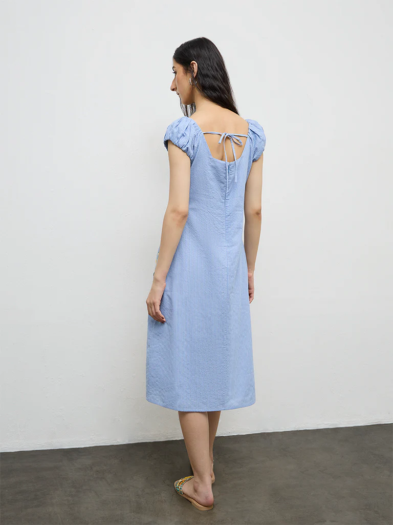 Bombay Paisley Light Blue Embroidered Cotton A-Line Dress - Image 4